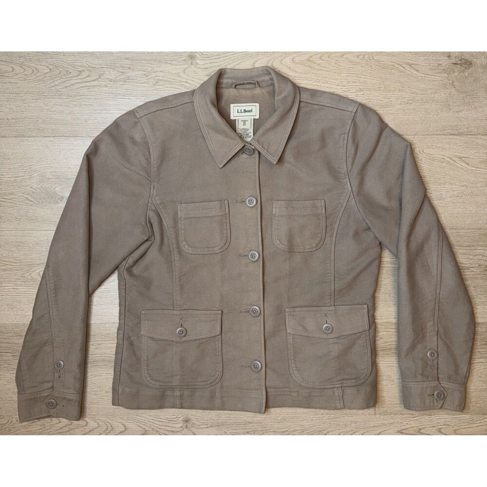 L.L. Bean Womens M Chore Jacket Tan 4 Pocket Button Front Workwear Beige Brown